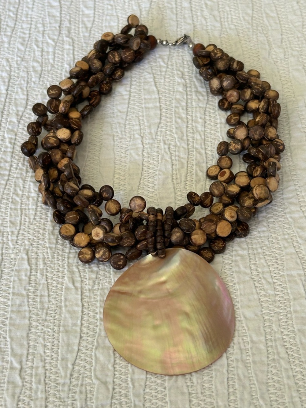 Natural Brown Multi-Strand Beaded Necklace with Shell Pendant